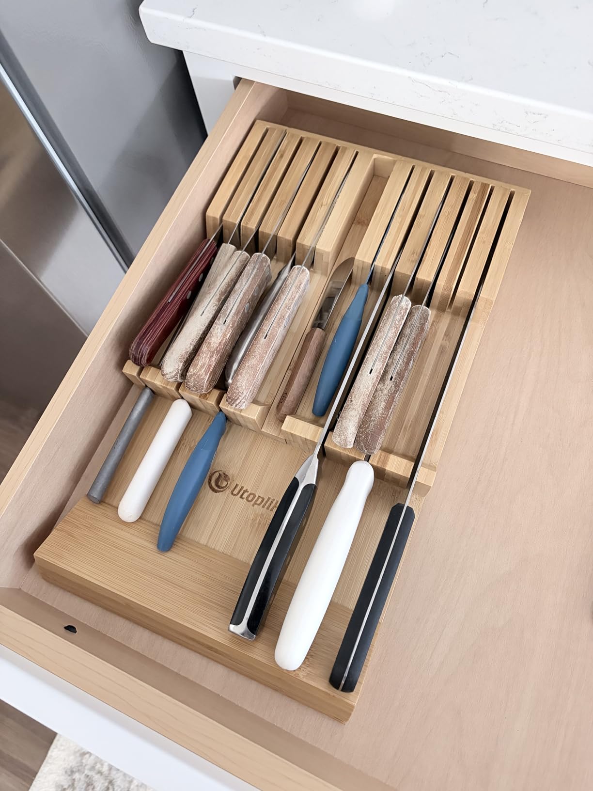 Utoplike In-drawer Knife Block Bamboo Kitchen Knives Drawer Organizer Large customer photo 1