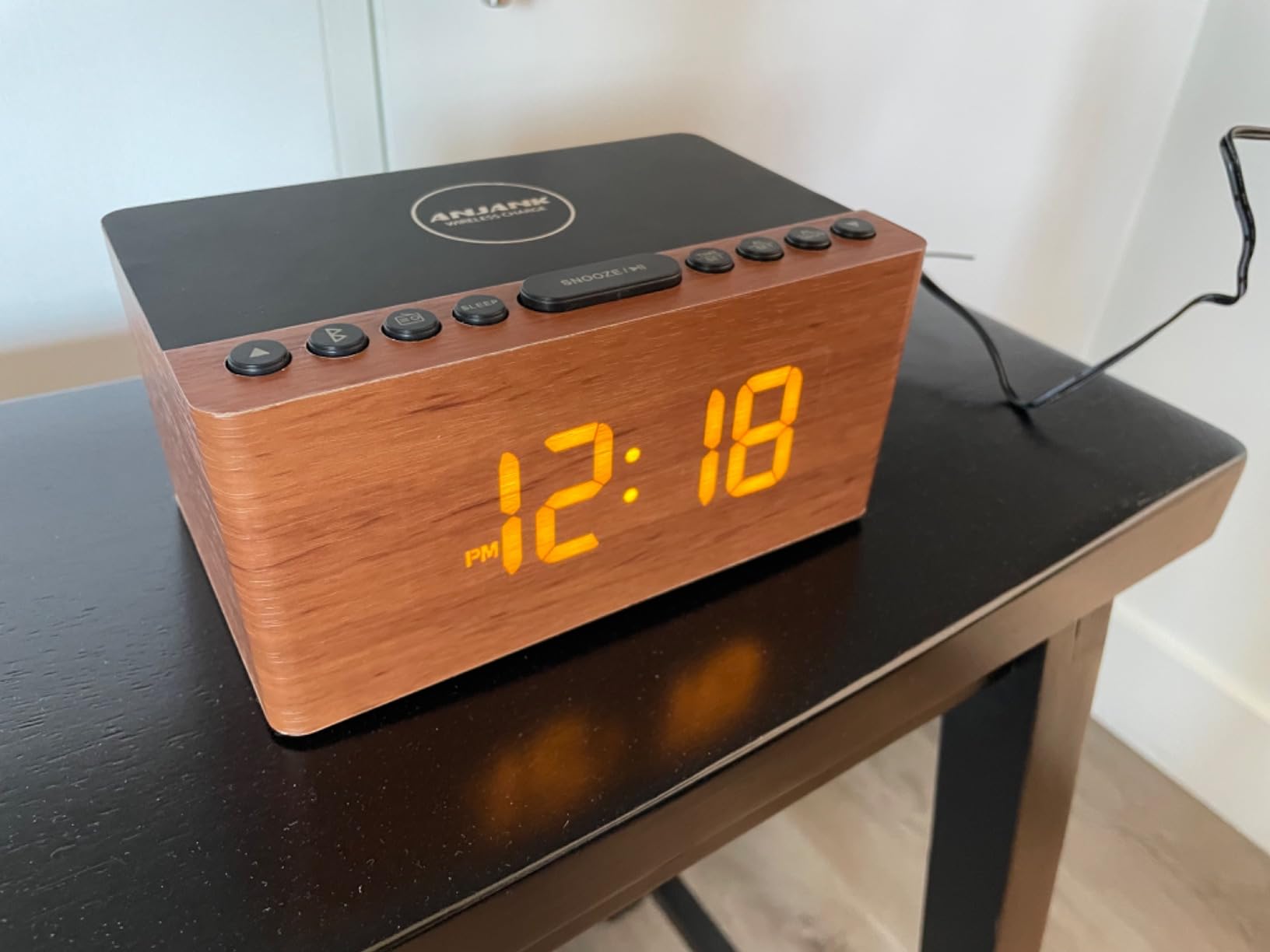 ANJANK Wooden Digital LED Alarm Clock FM Radio, Fast Wireless Charger Station for iPhone/Samsung Galaxy, 5 Level Dimmer, USB Charging Port, 9 Sounds, Sleep Timer for Bedroom, Bedside, Desk customer photo 2