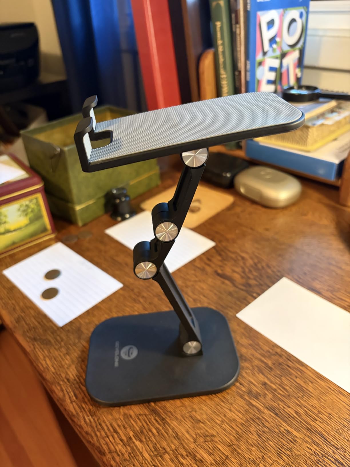 OCYCLONE Phone Stand, Foldable Cell Phone Stand Holder for Desk Office Accessories Adjustable Height and Angle iPhone Stand - Black customer photo 2