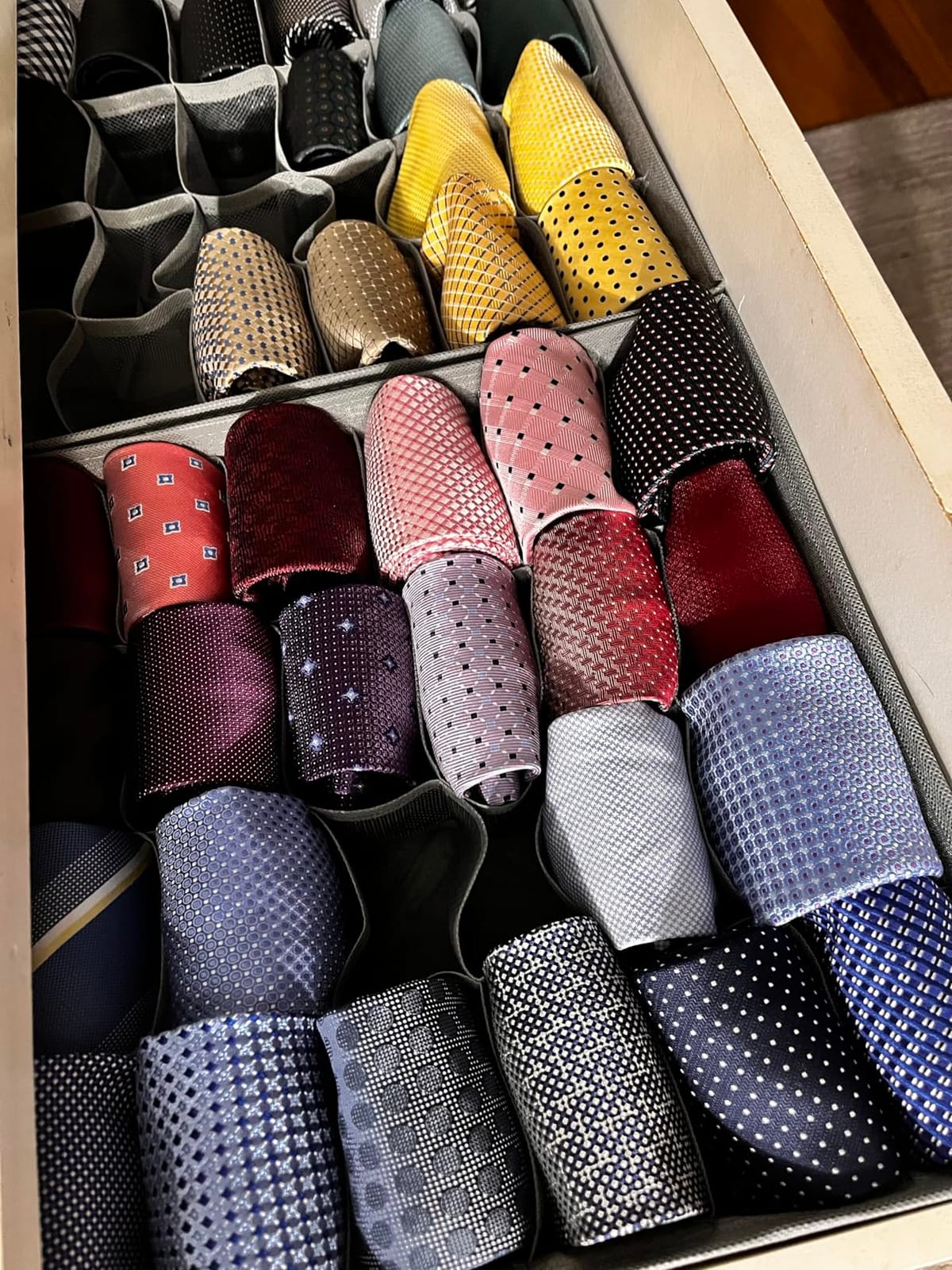 Criusia 3 Pack Sock Underwear Drawer Organizer Dividers, 64 Cell Fabric Foldable Dresser Organizer for Closet Organizers and Storage Boxes for Organizing Socks, Underwear, Ties (16+24+24 Cell, Gray) customer photo 1