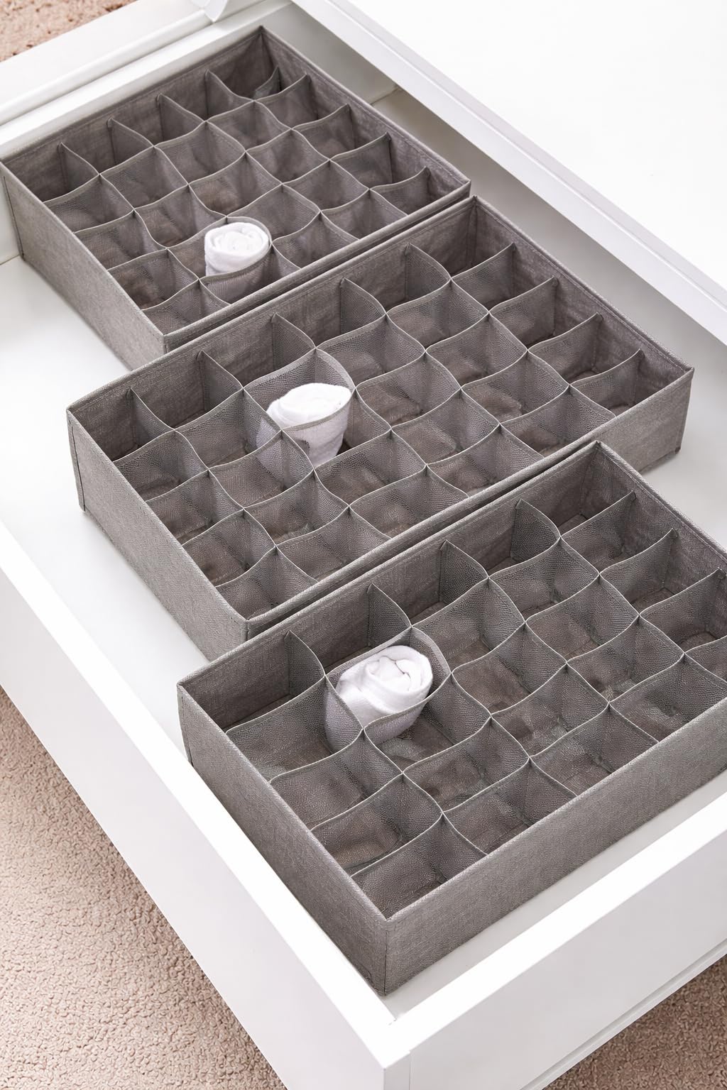 Criusia 3 Pack Sock Underwear Drawer Organizer Dividers, 64 Cell Fabric Foldable Dresser Organizer for Closet Organizers and Storage Boxes for Organizing Socks, Underwear, Ties (16+24+24 Cell, Gray) customer photo 2