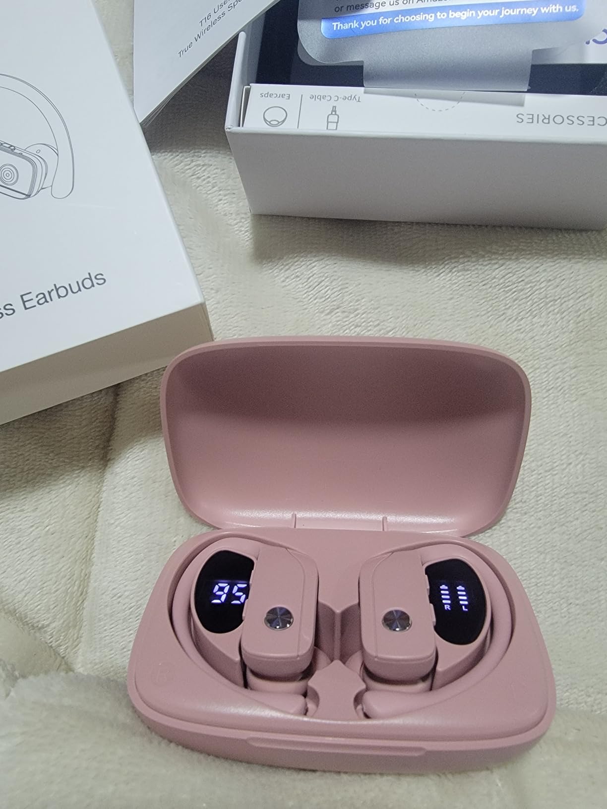 bmani Ear Buds Wireless Earbuds Bluetooth Headphones with 80H Playtime LED Display Case, Over-Ear Hook with Mic, Stereo Sound, Easy Button Controls, Sports Earphones for Running Workout Gym Pink customer photo 1