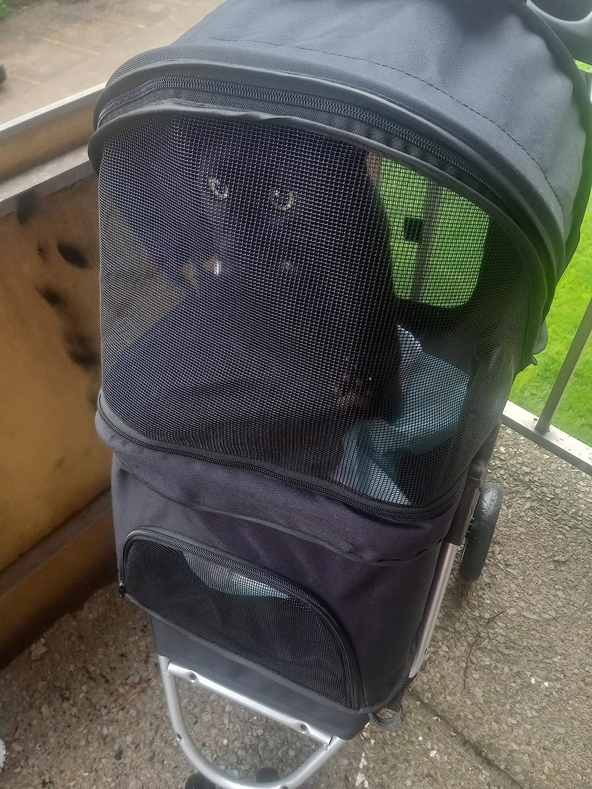 Foldable Pet Stroller for Cats and Dogs 3 Wheels Carrier Strolling Cart with Weather Cover, Storage Basket + Cup Holder (Black) customer photo 1
