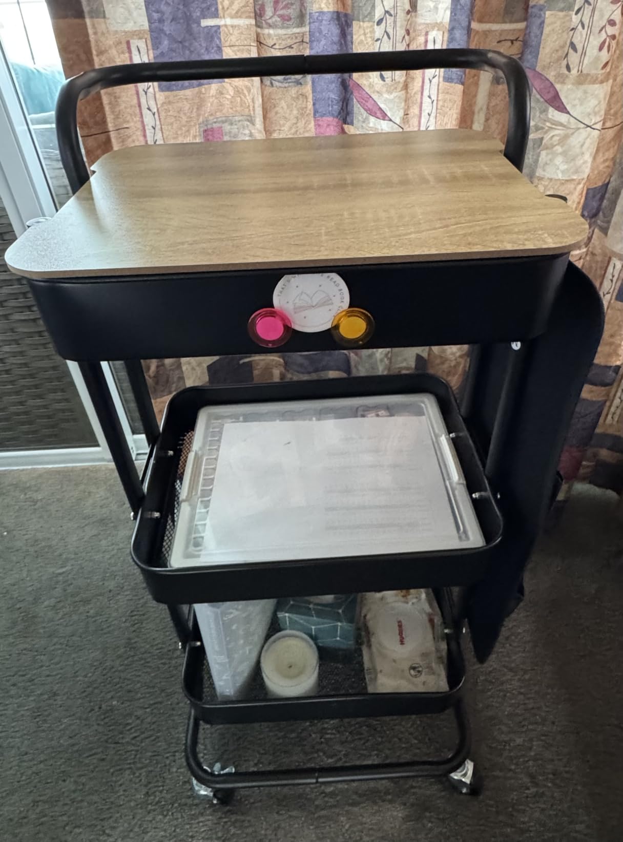 DTK 3 Tier Metal Utility Rolling Cart with Table Top and Side Bags, Tray Storage Organizer Wheels, Art Craft 4 Hooks for Kitchen Bathroom Office Living Room (Black) customer photo 1