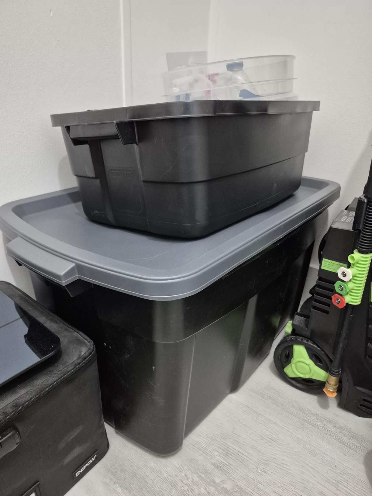 Rubbermaid 6-Pack Totes for Storage with Lids, Heavy Duty Plastic Storage Bins with Lids, Black Gray, 10 GAL - Stackable for Garage, Attic, Camping (10 GAL - 6 Pack Solid Black and Grey) customer photo 2