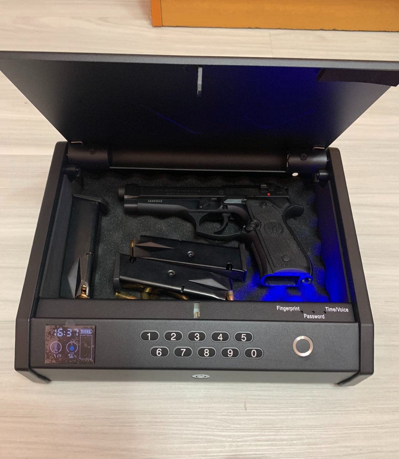HOLEWOR Gun Safe, Biometric Safes for Pistols with LCD Display of Time Battery, Fingerprint Quick Access Handgun Safe Pistol Bedside, Nightstand, Car, 2 Capacity customer photo 2