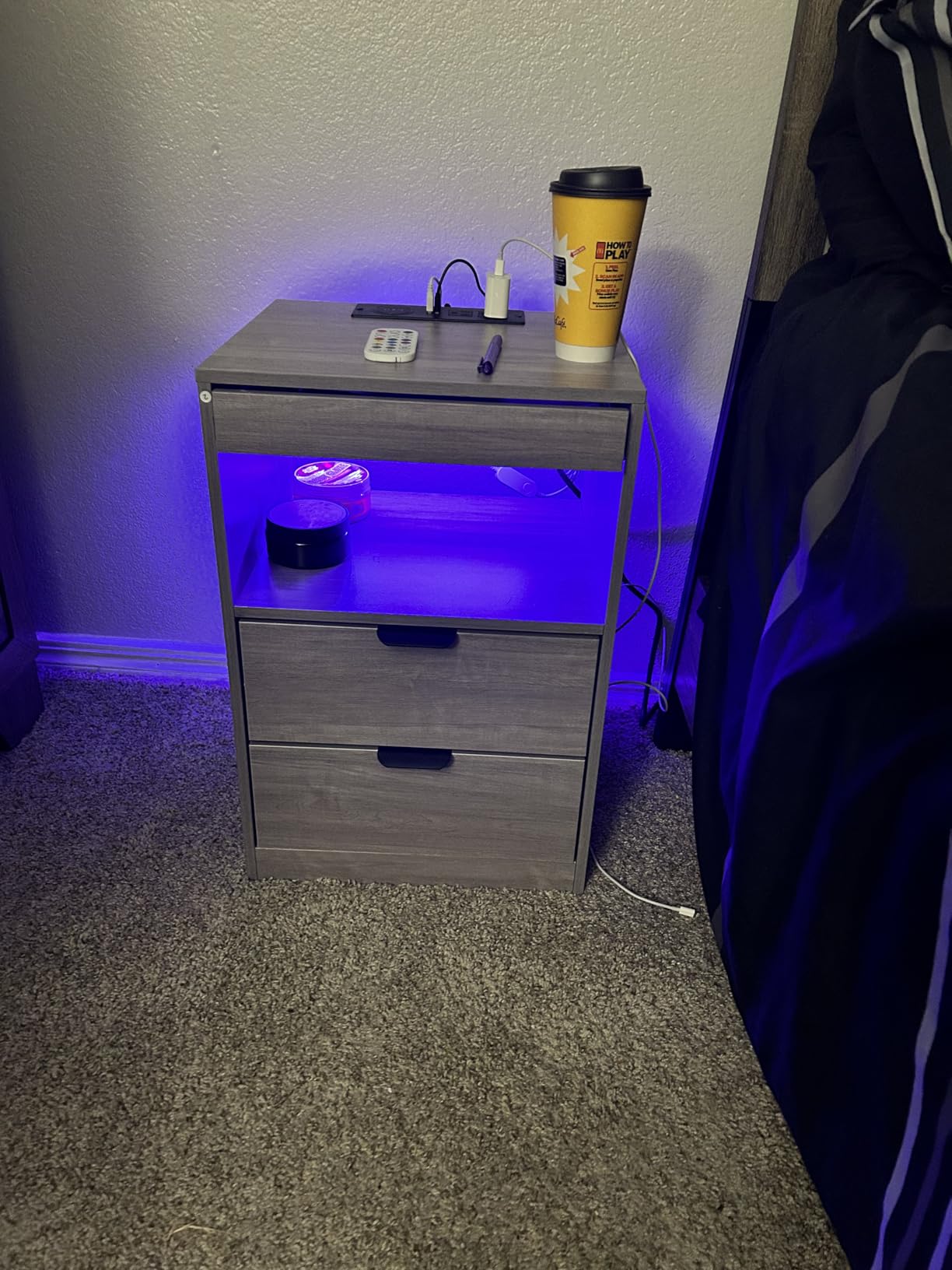 ADORNEVE Black LED Nightstand with Wireless Charging Station and 2 Drawers customer photo 2