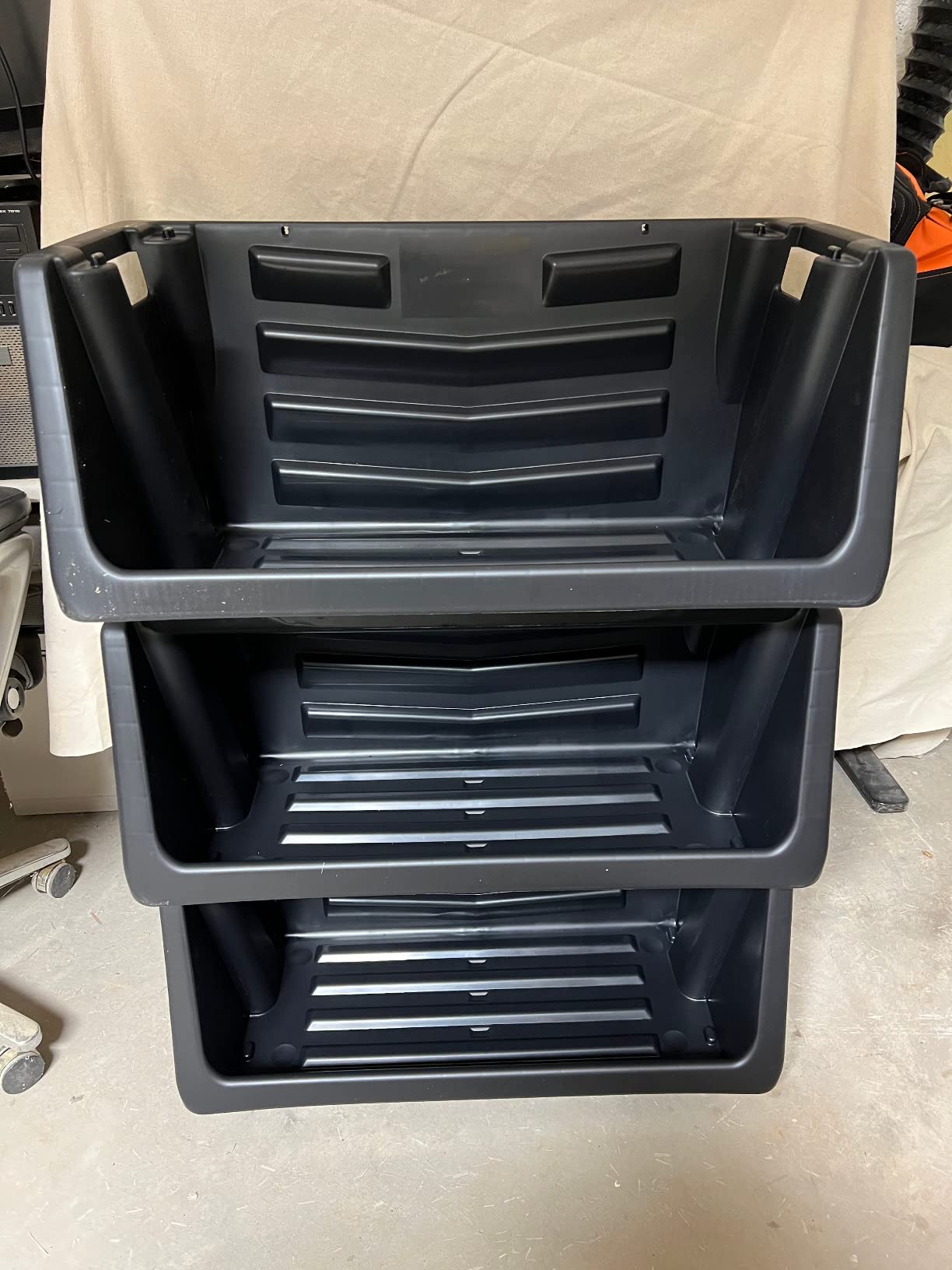 Mighty Tuff Jumbo Stackable Storage Bins, Pack of 3, Easy-Access Storage, Large Easy-to-Grip Handles, Wide Front Opening, Interlocking, Stack Vertically, Black customer photo 1