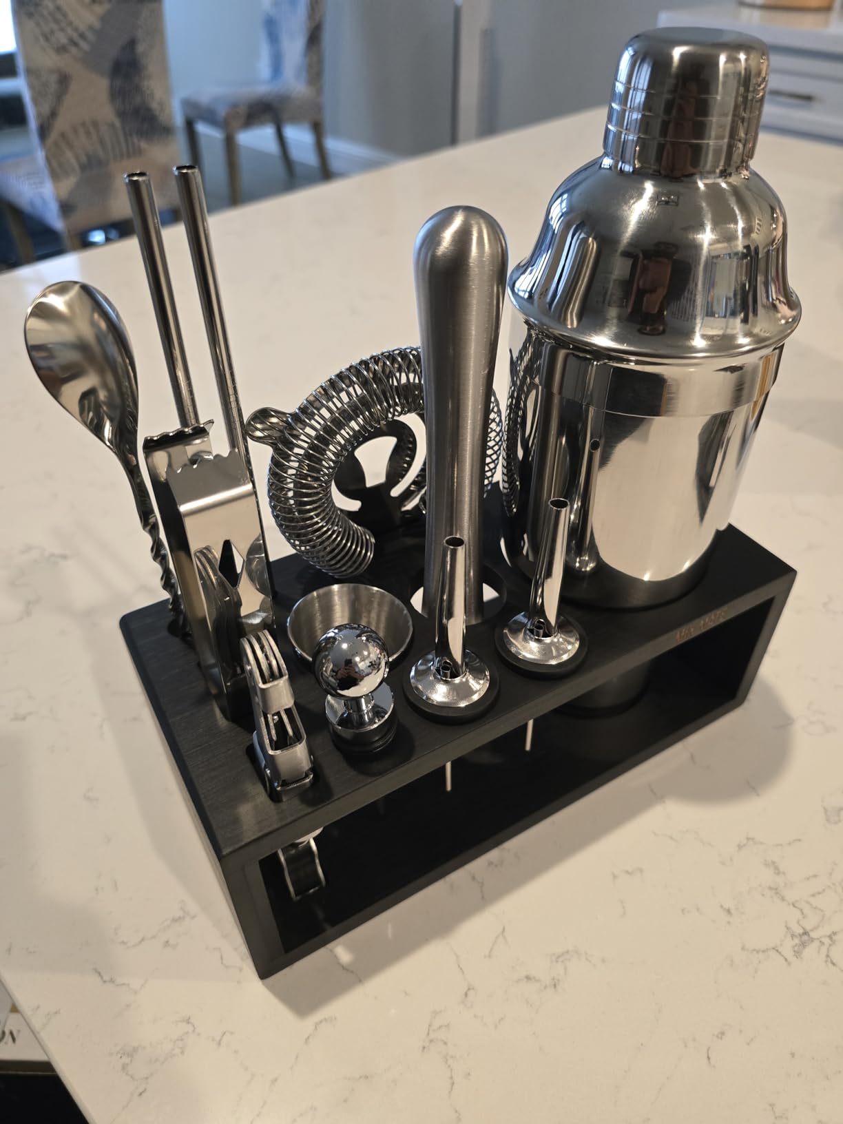 Black Stainless Steel Cocktail Shaker Set with Wood Stand - 15 Piece Bartender Kit with Drink Shaker, Bar Spoon, Jigger, Muddler, Strainer, Bottle Opener, Stopper, Pour Spout, Stirrers, Tongs, Recipes customer photo 1