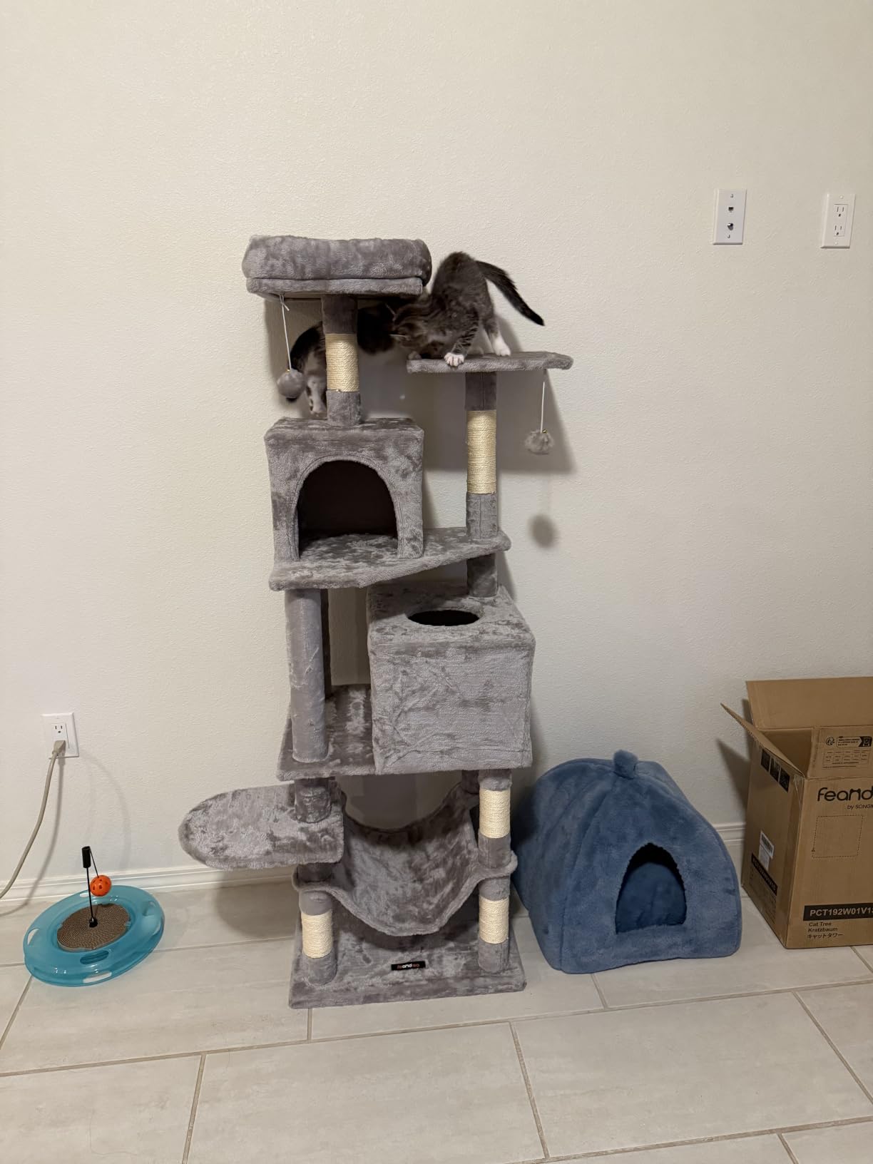 Feandrea Cat Tree, 59.5-Inch Tall Cat Tower, Plush Multi-Level Condo with 5 Scratching Posts, 2 Perches, 2 Caves, Hammock, 2 Pompoms, Light Gray UPCT192W01 customer photo 1