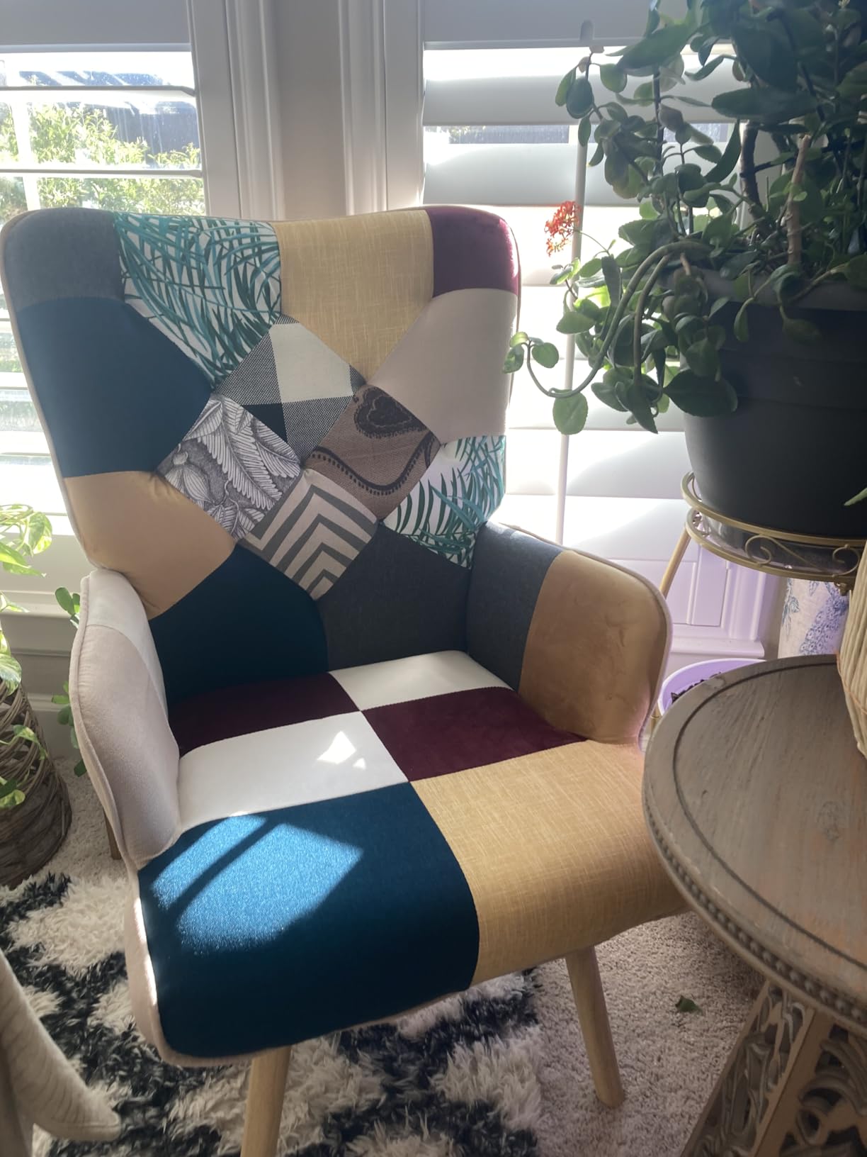 Joysoul Living Room Accent Chair, Modern High Back Armchair, Boho Patchwork Fabric Chair, Colorful Upholstered Reading Chair with Solid Wood Legs for Bedroom, Small Space customer photo 2
