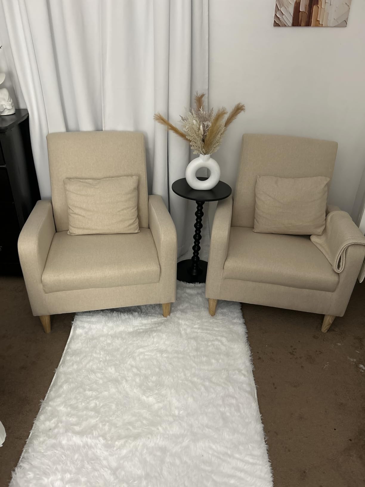 COLAMY Mid-Century Modern Upholstered Accent Chair with Back Pillow & Solid Wood Legs, Fabric Cozy Armchair for Living Room, Bedroom, Reading Nook, Apartment & Small Spaces, Beige customer photo 1