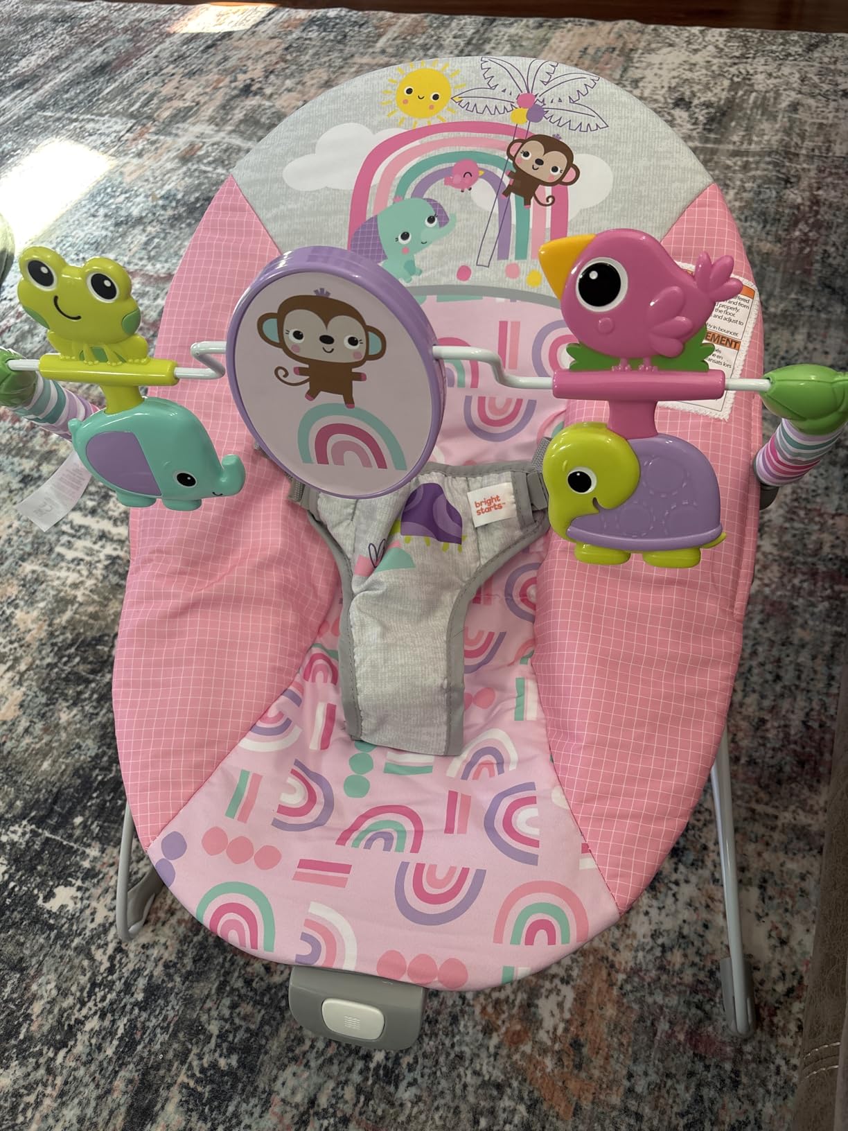 Bright Starts Pink Paradise Portable Baby Bouncer with Vibrating Infant Seat and -Toy Bar, Max Weight 20 lbs., Age 0-6 Months customer photo 1