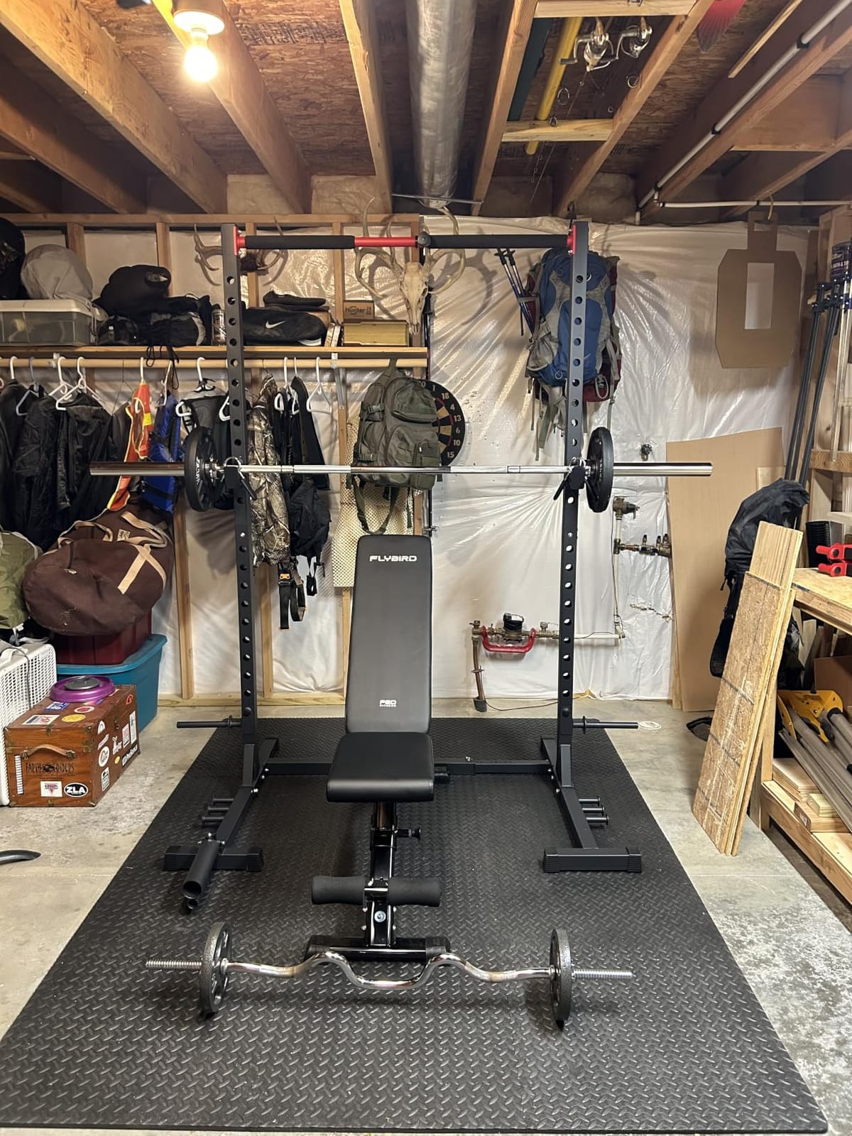 FLYBIRD SR1 Squat Rack, Adjustable Power Rack for 6FT/7FT Barbells | Squat Rack for Home Gyms with Pull-Up Bar,22 Adjustment Positions, J-Hooks and Safety Spotter Arms w/ 110/180LBS Home Package customer photo 1