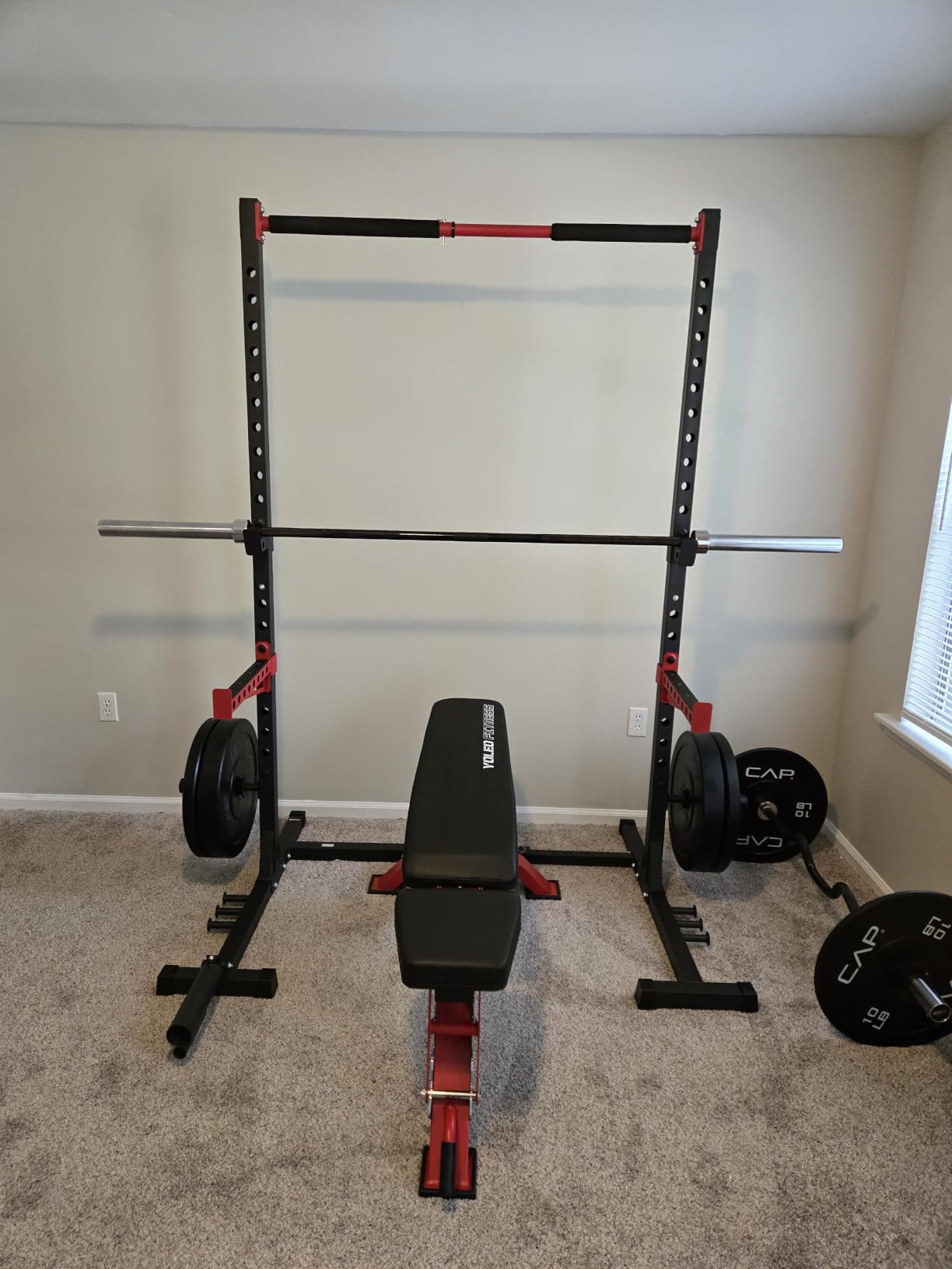 FLYBIRD SR1 Squat Rack, Adjustable Power Rack for 6FT/7FT Barbells | Squat Rack for Home Gyms with Pull-Up Bar,22 Adjustment Positions, J-Hooks and Safety Spotter Arms w/ 110/180LBS Home Package customer photo 2