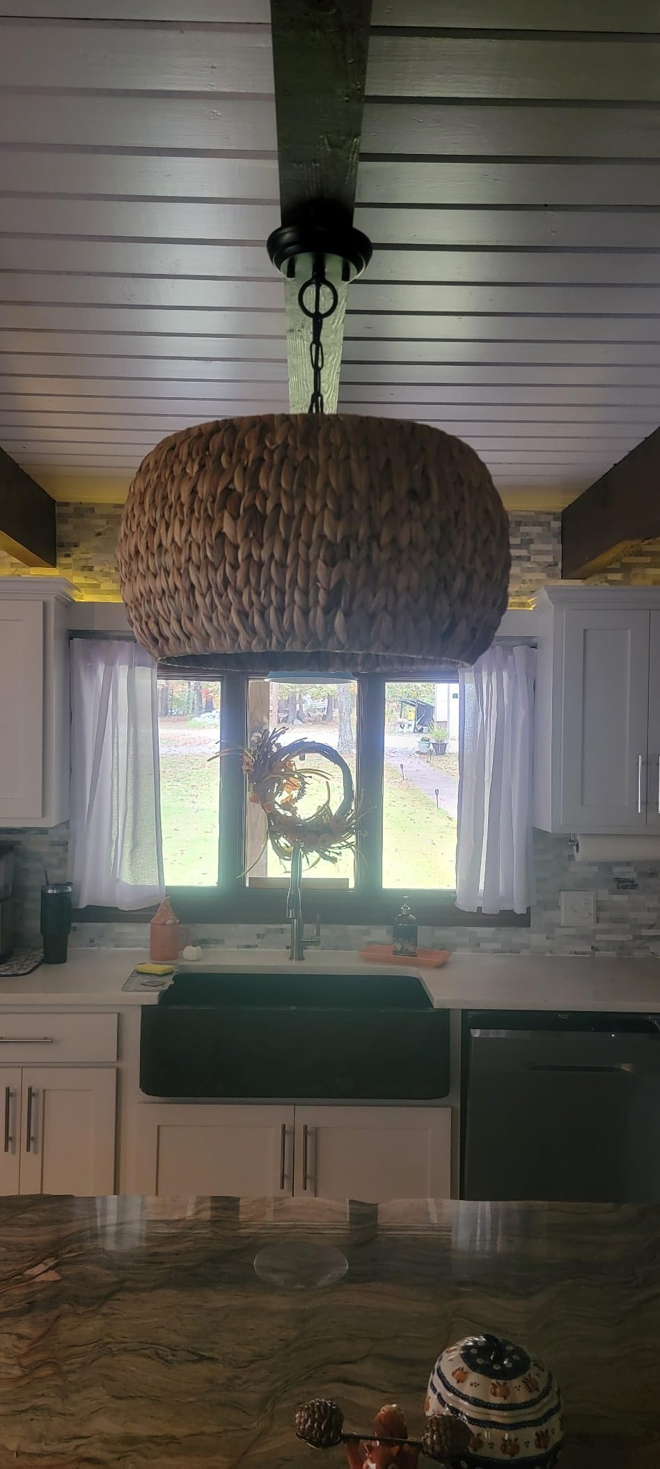Rattan Farmhouse Chandelier Light Fixtures, 5-Lights Boho Large Pendant Light,Hand Woven Chandeliers for Dining Room with Fabric Shade,Rustic Chandeliers Hanging Light Fixtures for Kitchen Island customer photo 2