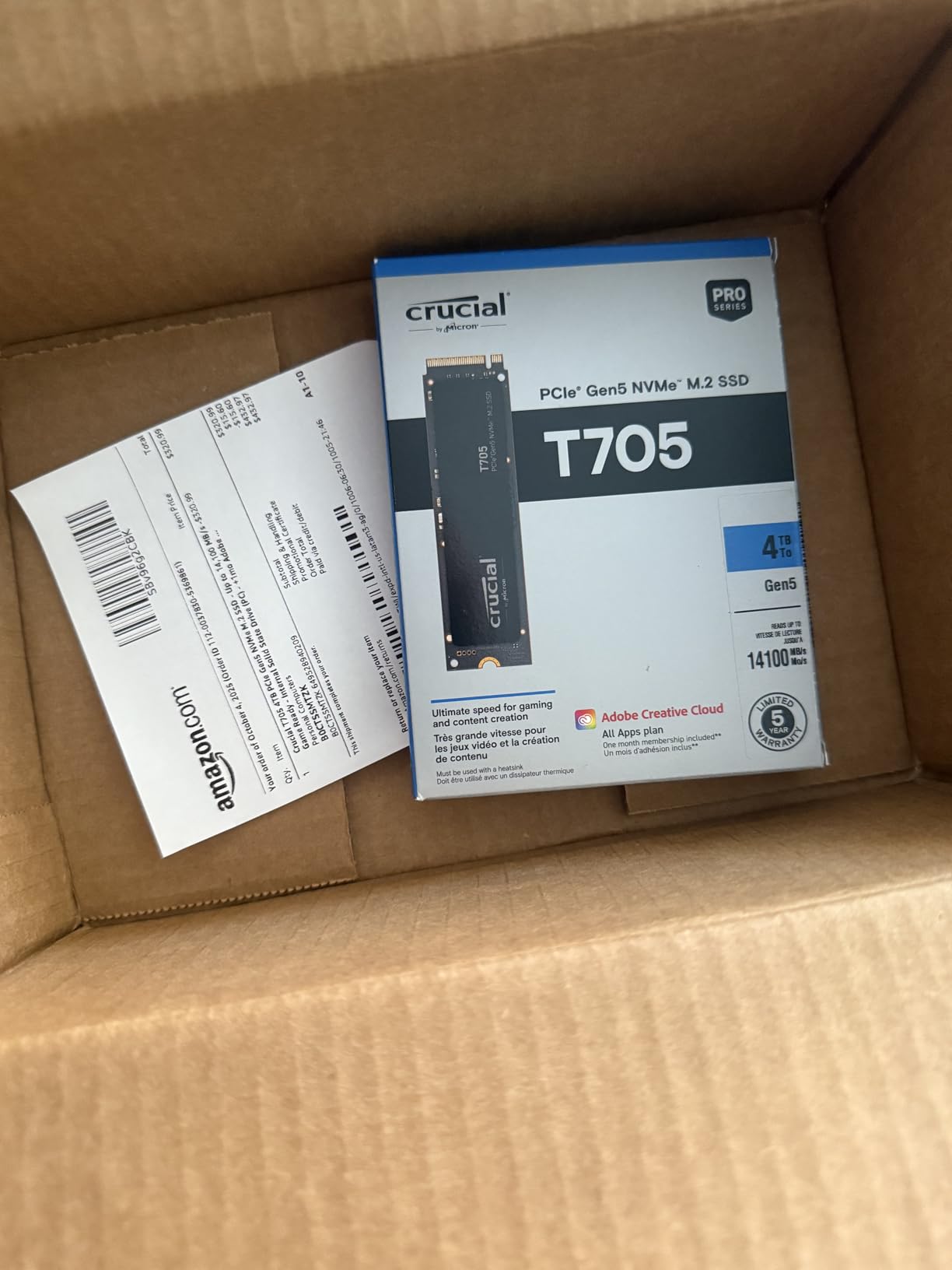 Crucial T705 PCIe Gen5 NVMe 2TB SSD, Up to 14,500MB/s, TLC NAND, Intel & Ryzen Compatible, for Hardcore Gaming & High-Speed Storage, Solid State Drive, Includes 1Mo Adobe CC – CT2000T705SSD3 customer photo 1