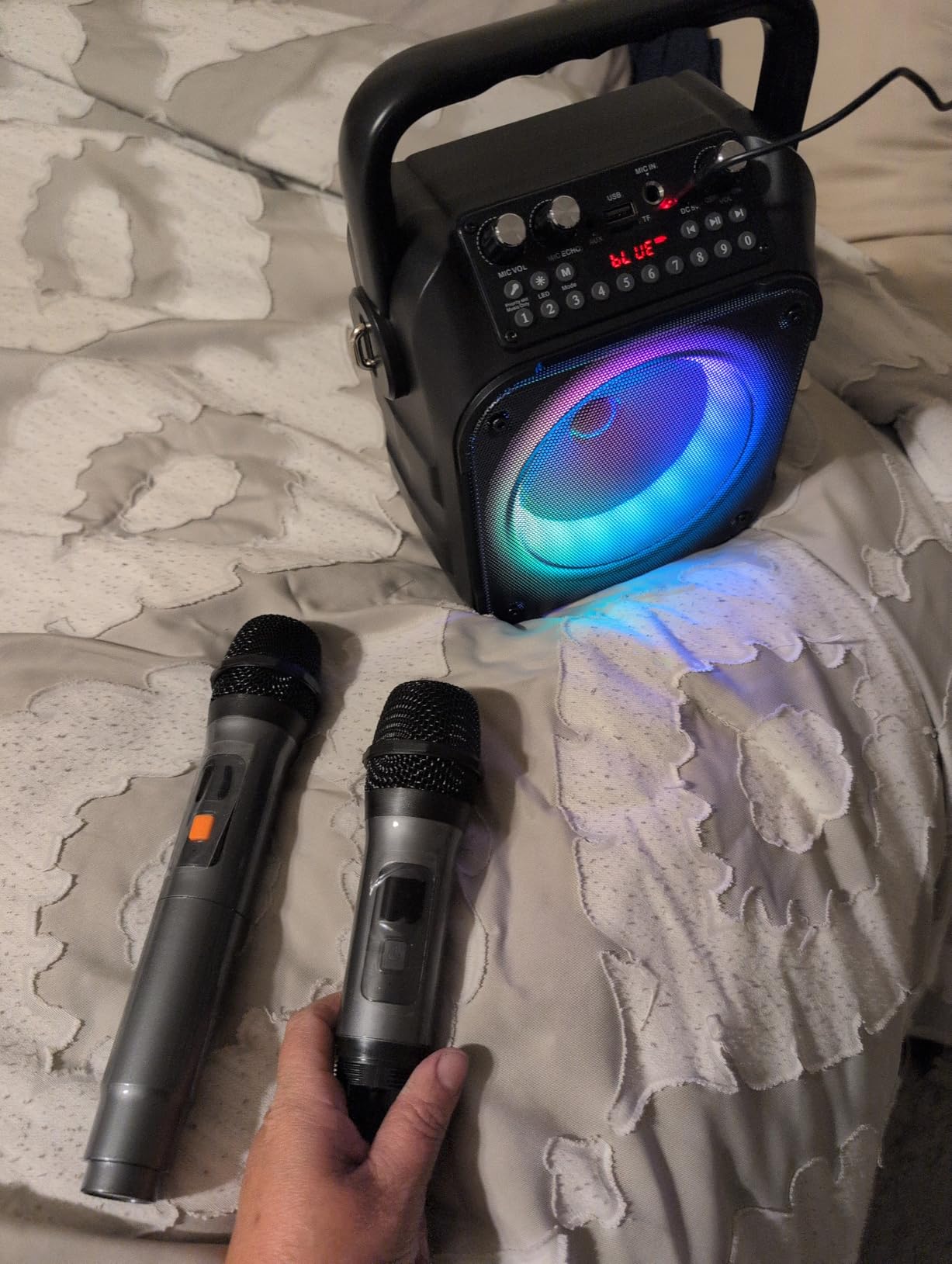 CYY Karaoke Machine, Portable Bluetooth Speaker with 2 Wireless Microphones | Immersive Sound, 5 Light Modes, PA System, TWS USB TF AUX FM, for Adults and Kids, Home Party, Outdoor, Home System Packages customer photo 1