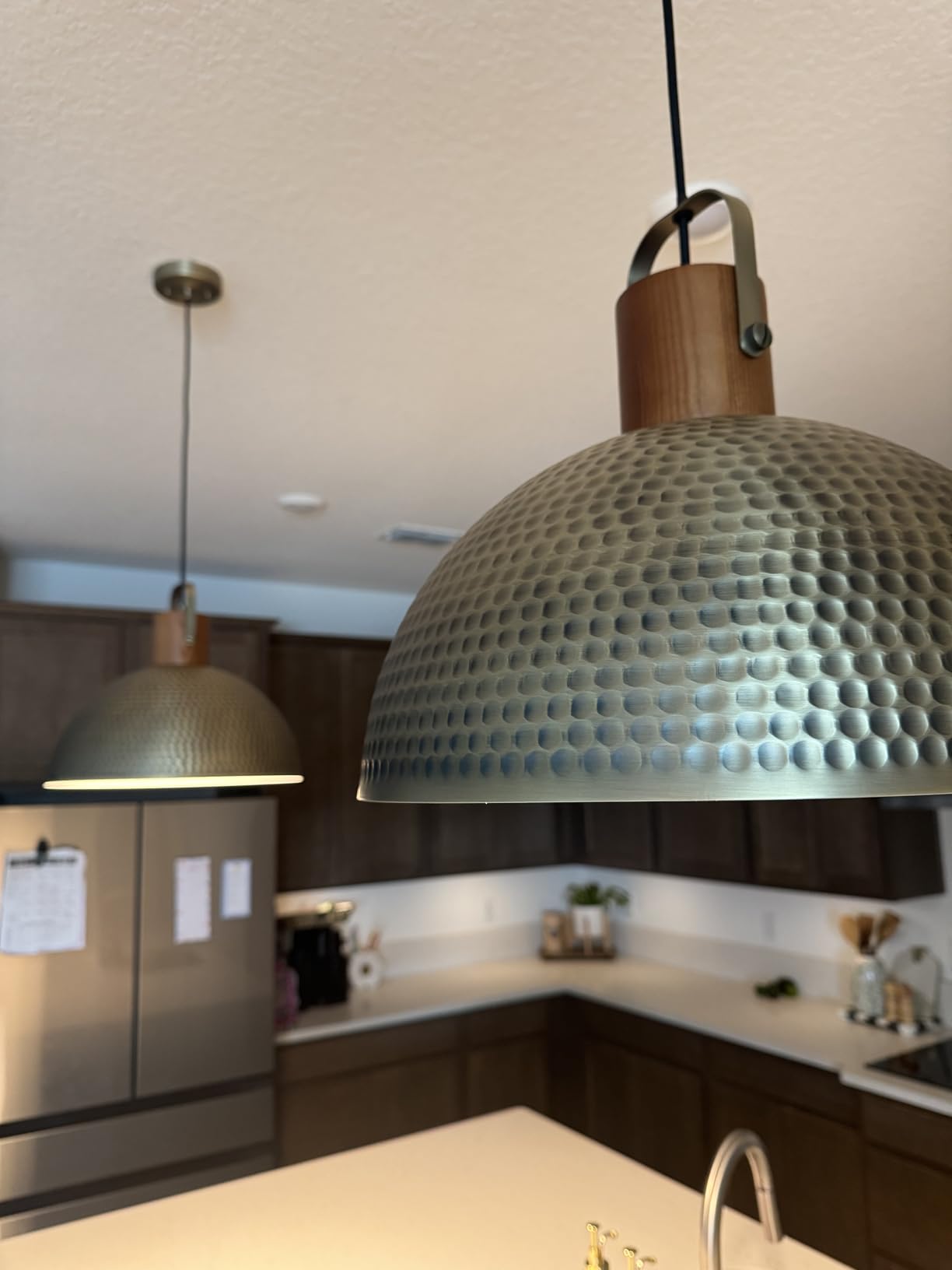ELYONA 2 Pack Large Hammered Pendant Light Fixtures, 16 Inch Ash Wood Vintage Dome Hanging Lamp, Antique Gold Mid Century Pendant Lighting for Kitchen Island, Farmhouse, Dining Room, Brushed Brass customer photo 1