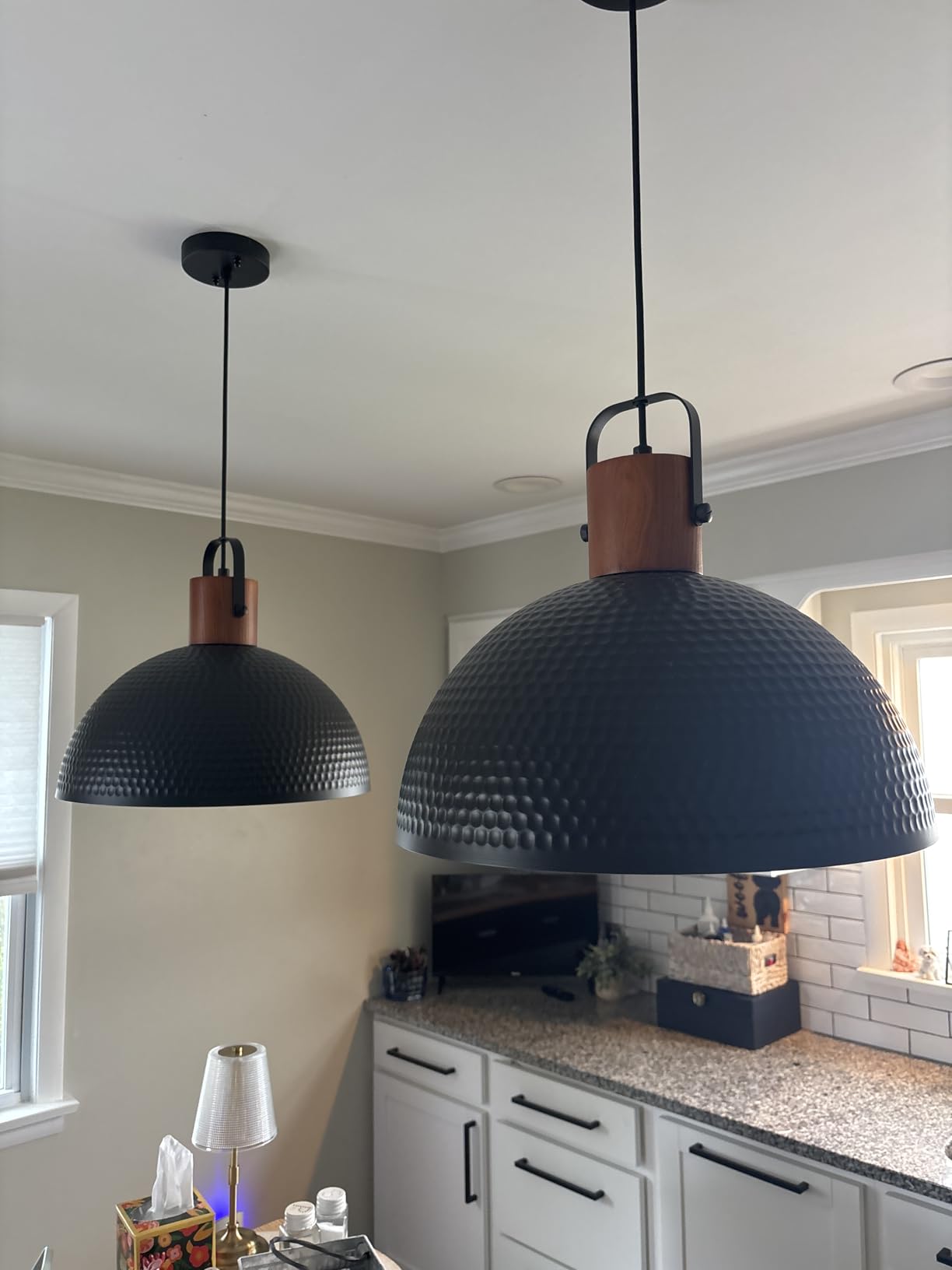 ELYONA 2 Pack Large Hammered Pendant Light Fixtures, 16 Inch Ash Wood Vintage Dome Hanging Lamp, Antique Gold Mid Century Pendant Lighting for Kitchen Island, Farmhouse, Dining Room, Brushed Brass customer photo 2