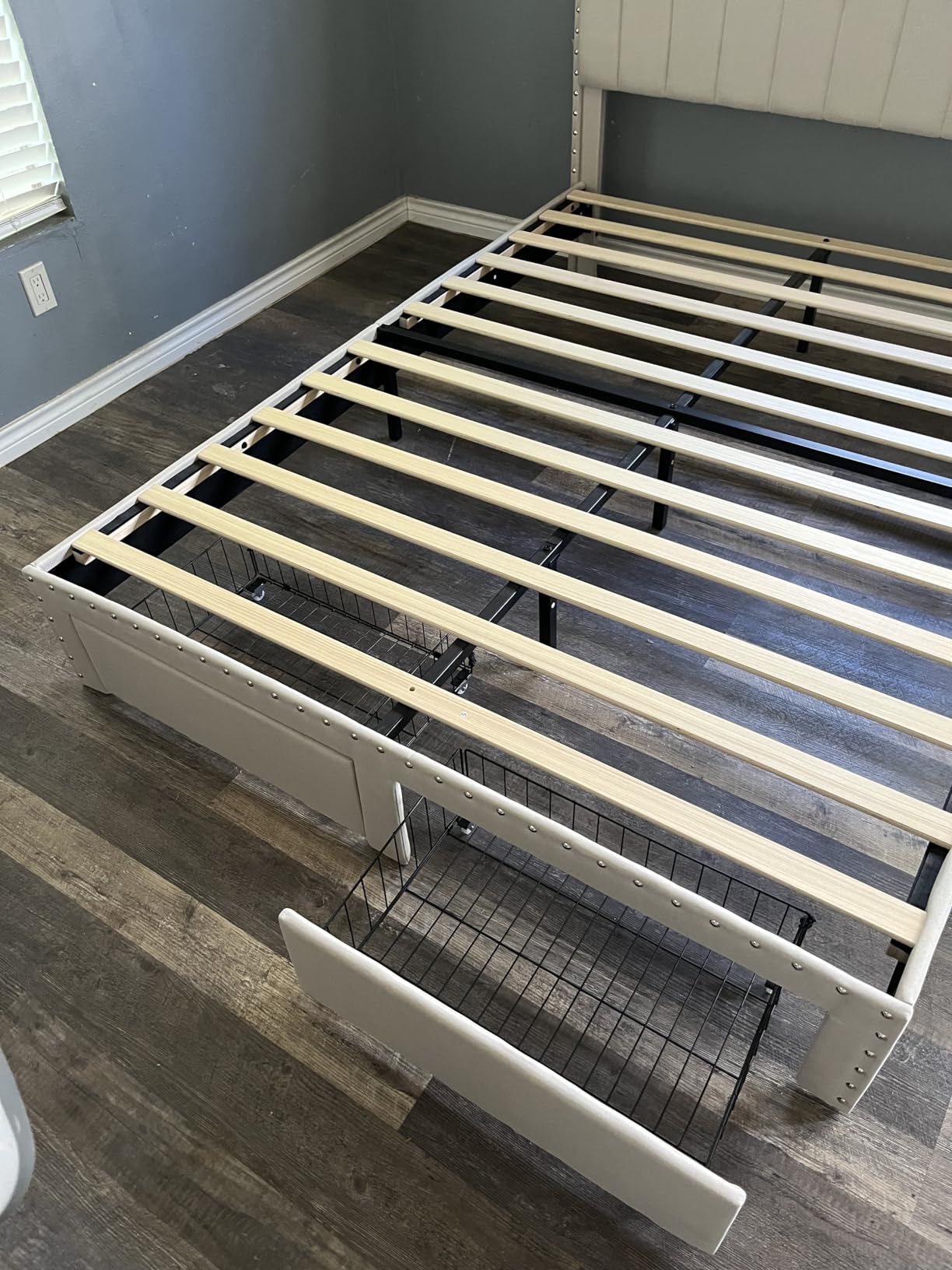 EnHomee King Size Bed Frame with 2 Drawers, Storage Headboard & Beige customer photo 1