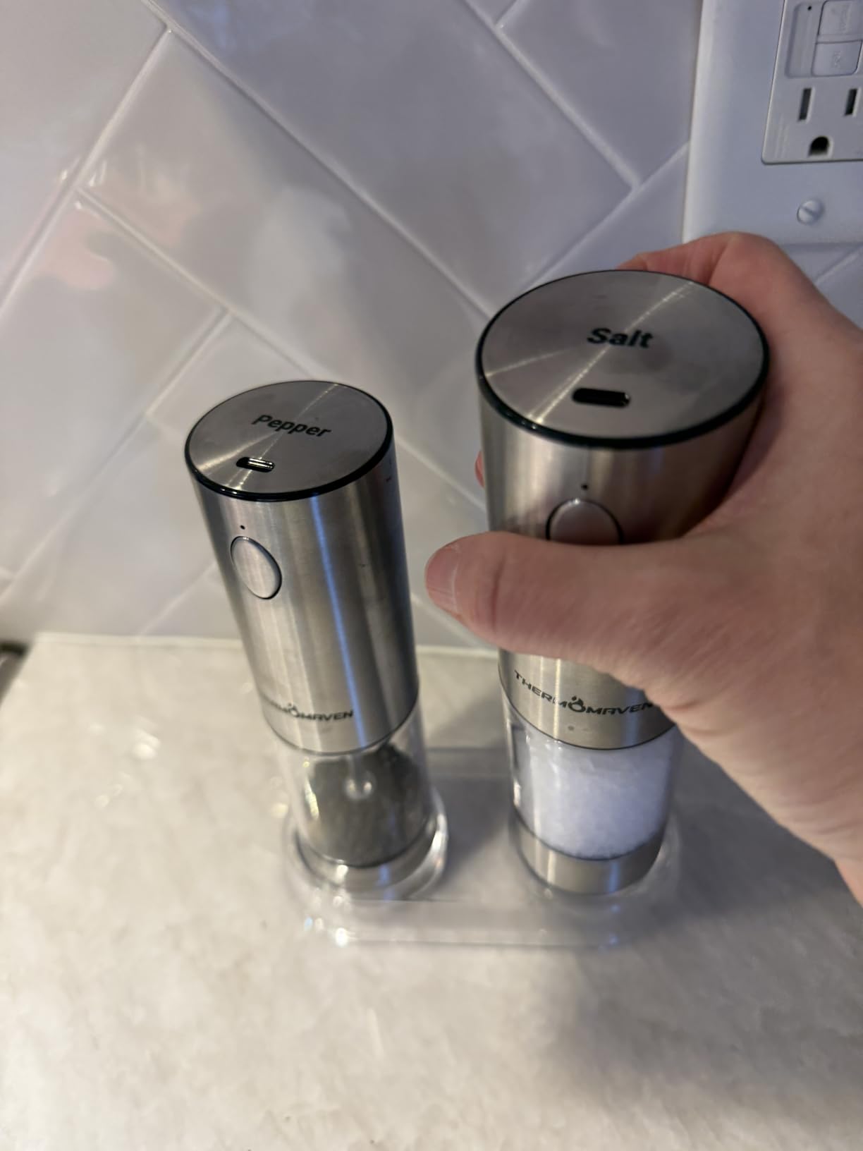 ThermoMaven Upgraded Larger Capacity Electric Salt and Pepper Grinder Set, 110ml Rechargeable Salt and Pepper Shaker with LED Light, Stainless Steel Automatic Pepper Mill with 6 Adjustable Coarseness customer photo 2