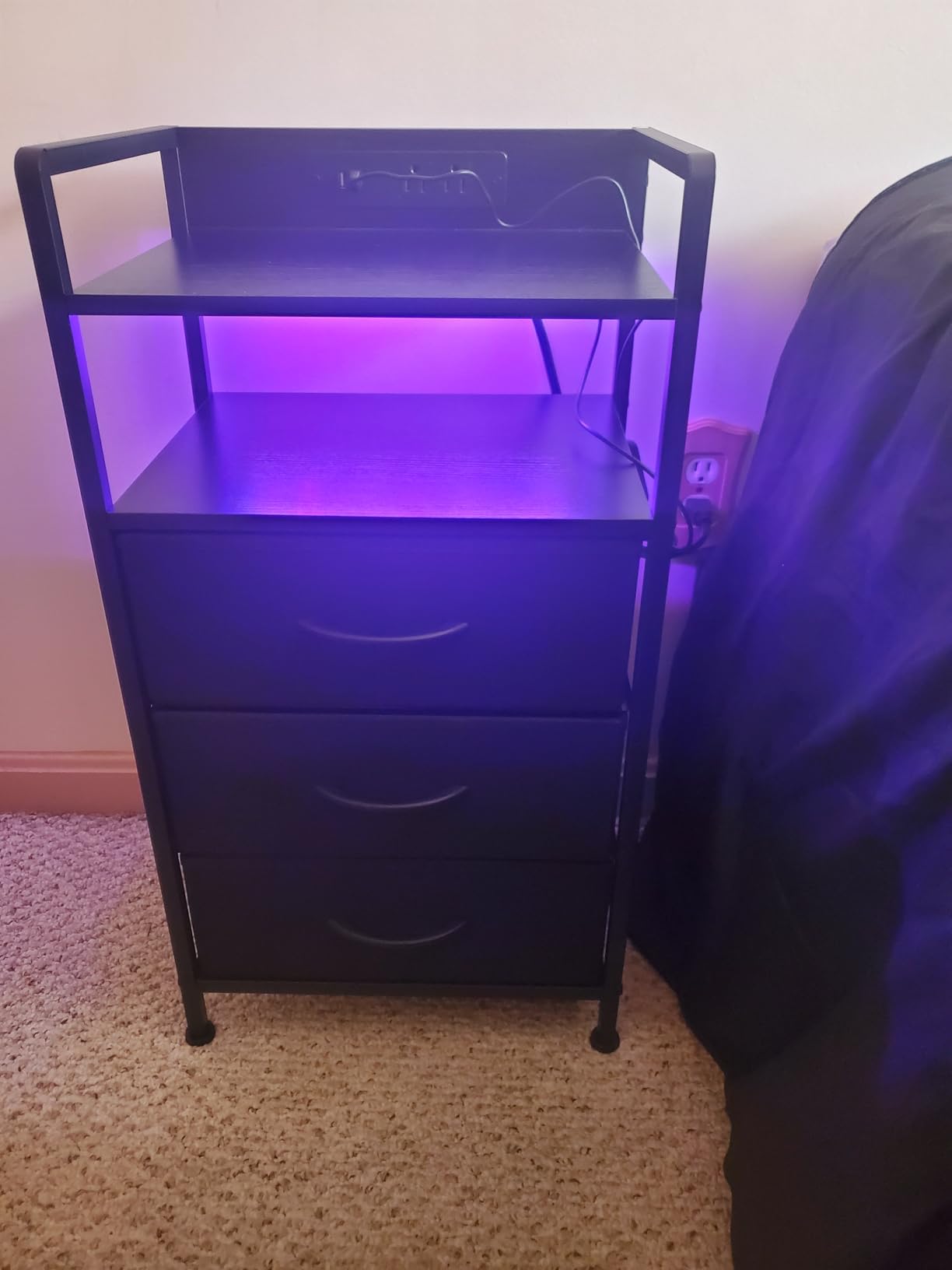 Lazzanto Nightstand with Rear Charging Station, LED Light, 2 Drawers, Black customer photo 2