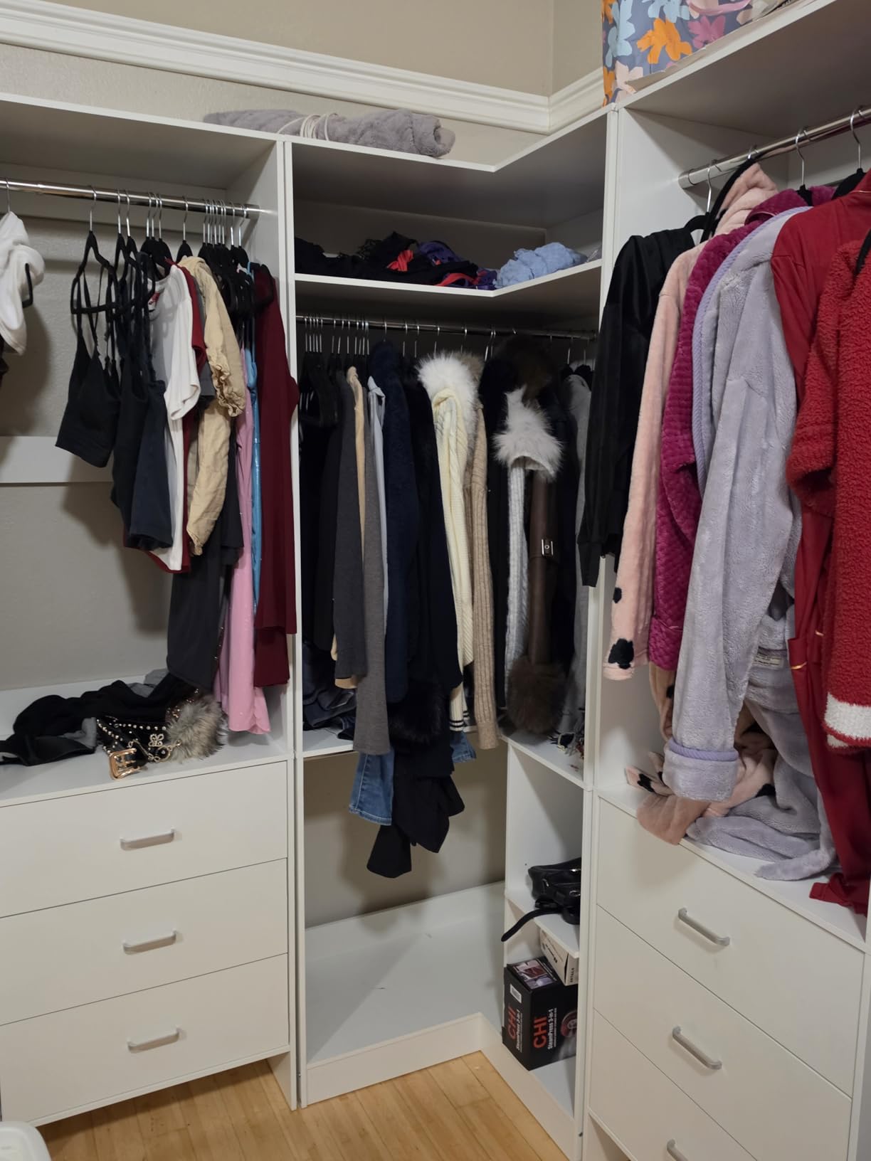 Aheaplus Closet System with 6 Drawers, 4 Hanging Rods & Corner Tower, Corner Closet System with Hanging,92.6