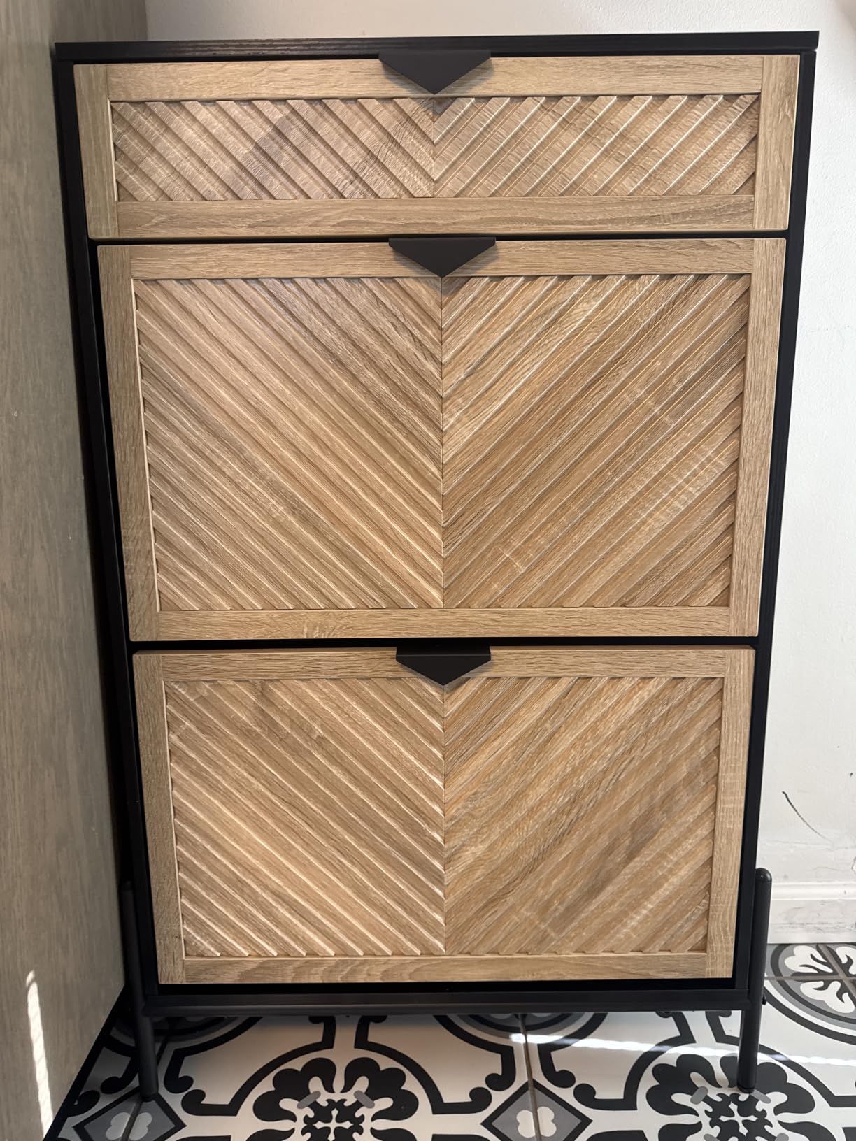 Shoe Cabinet with 2 Flip Drawers, Narrow Entryway Rack, Oak&Black customer photo 2