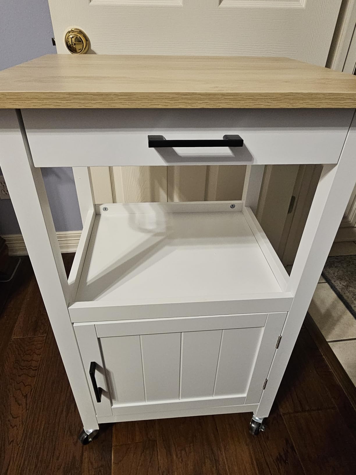 VEVOR Kitchen Island Cart with Single Door Cabinet, Mobile Carts with Drawer, Towel Rack, Hooks, Portable Table on Swivel Wheels, Small Coffee Islands Microwave Stand for Dining Room, 18x23 in, White customer photo 1