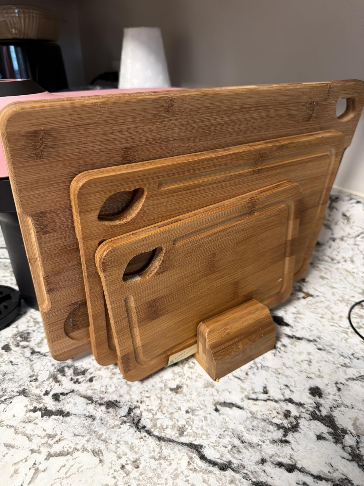 Astercook Deep-Carbonized Bamboo Cutting Boards for Kitchen with Wood Storage Stand, Reversible Charcuterie & Chopping Boards with Juice Grooves and Easy-Grip Handles, Fathers Day Gift for Men customer photo 1