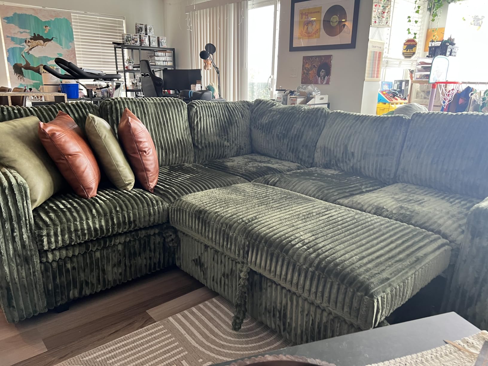 HONBAY Corduroy L Shaped Sectional Sleeper Sofa with Pull Out Bed,Green customer photo 1