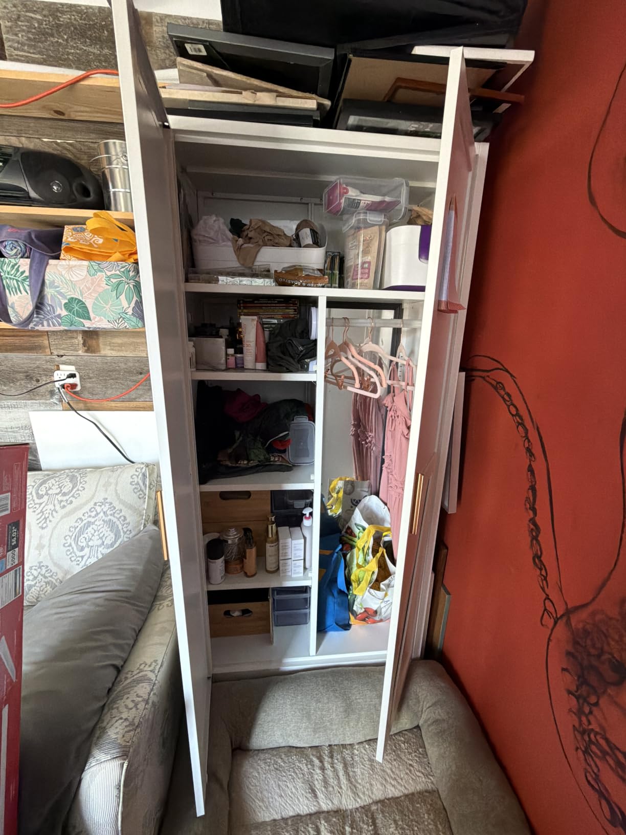COFaR Wardrobe Closet with Doors, Metal Bedroom Armoire with Adjustable Hanging Rod and Shelves, Farmhouse Broom Closet Storage Cabinet for Garage Laundry Office, 70.87