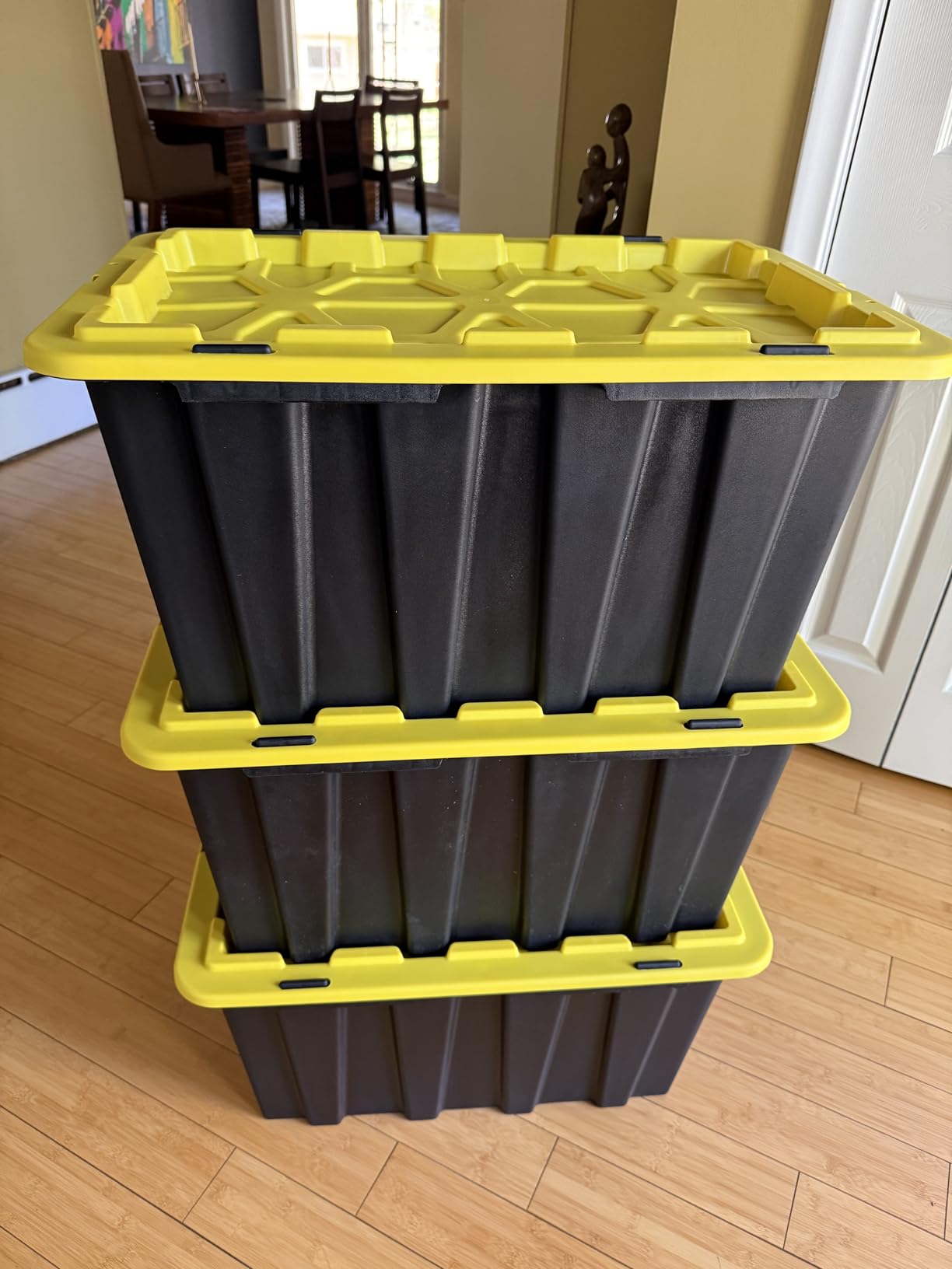 8 PACK of 12 Gallon Medium Black & Yellow Storage Bins | Plastic Tote Organizing Container with Secure Latching Lids, Stackable, Extra Strength with Built in Handle | 24.5