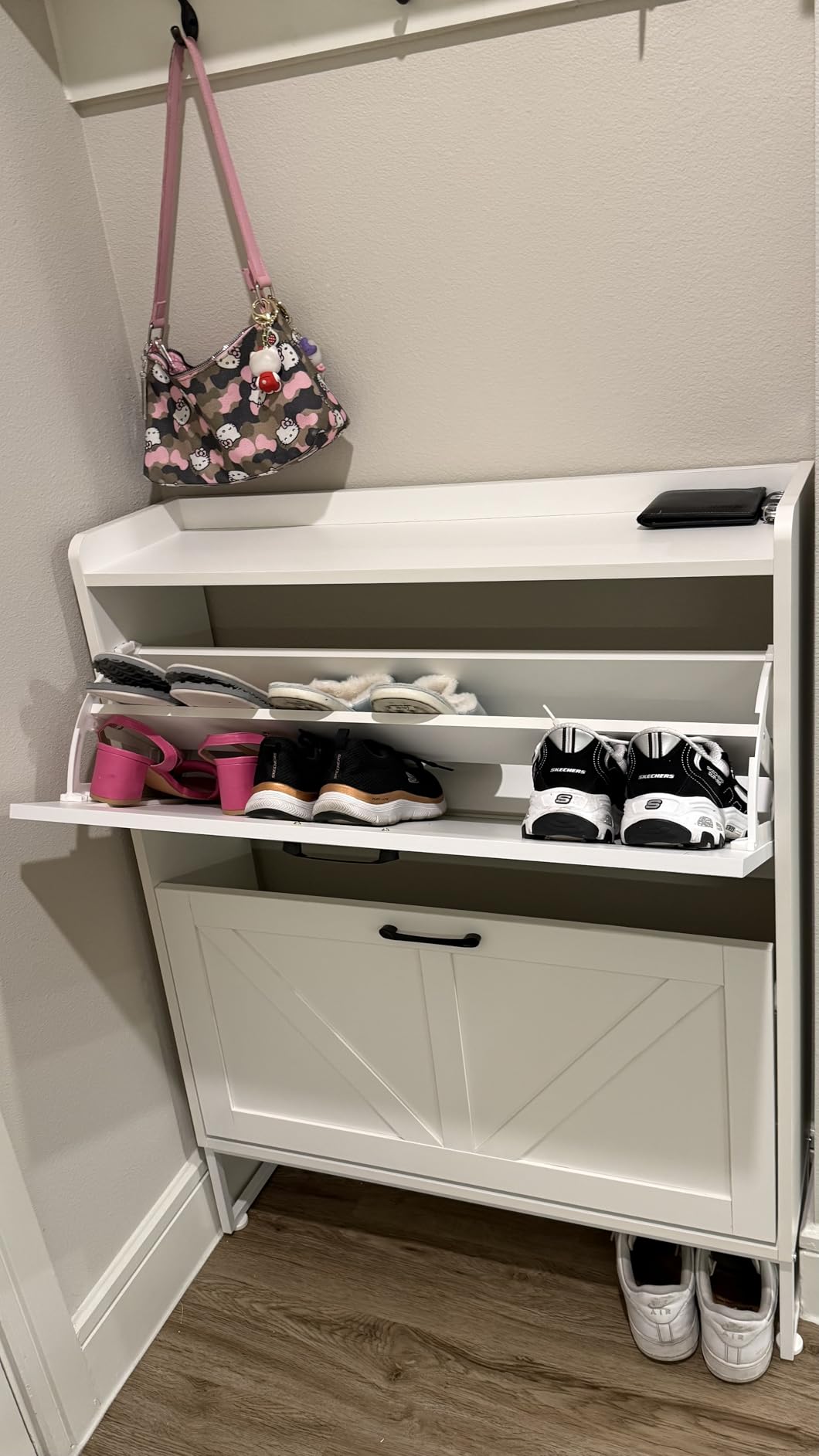 GRUSIGN Shoe Cabinet, Shoe Storage Cabinet with 2 Flip Drawers & Adjustable Shelf, Space-Saving Shoe Organizer – Holds 16+ Pairs, Narrow Shoe Cabinet Storage for Entryway/Hallway(White) customer photo 1